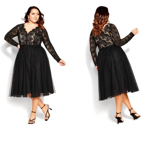 CITY CHIC RARE BEAUTY LONG SLEEVE BLACK/NUDE LACE DRESS sz S/16W - Picture 5 of 5